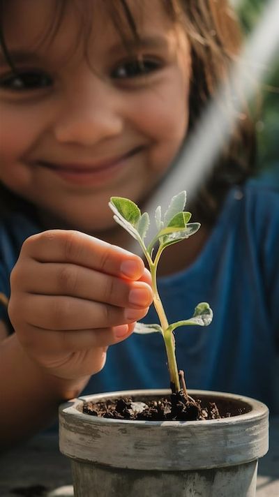 Niña sonriente sujetando una planta recién brotada en su maceta