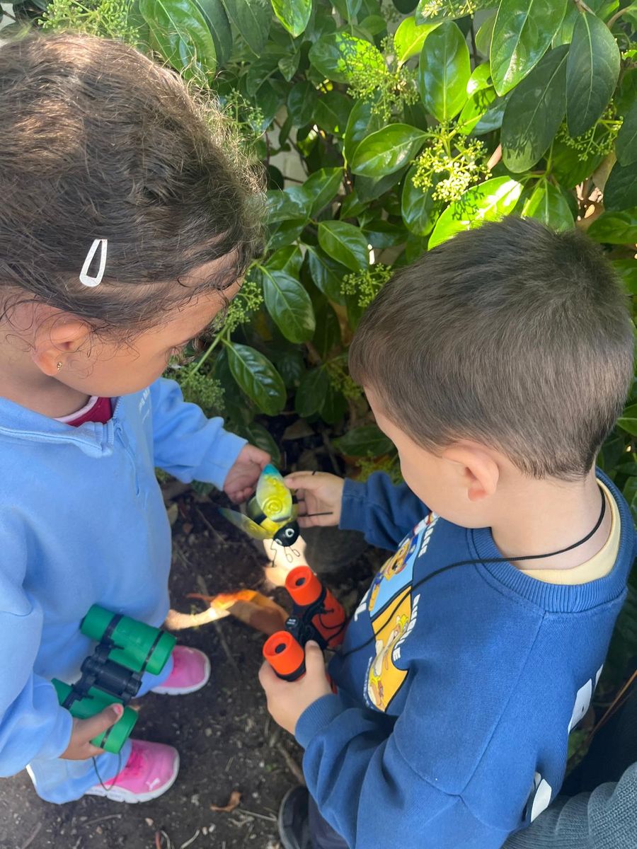 Dos niños de Infantil observando un insecto entre las hojas de un seto, con prismáticos en la mano